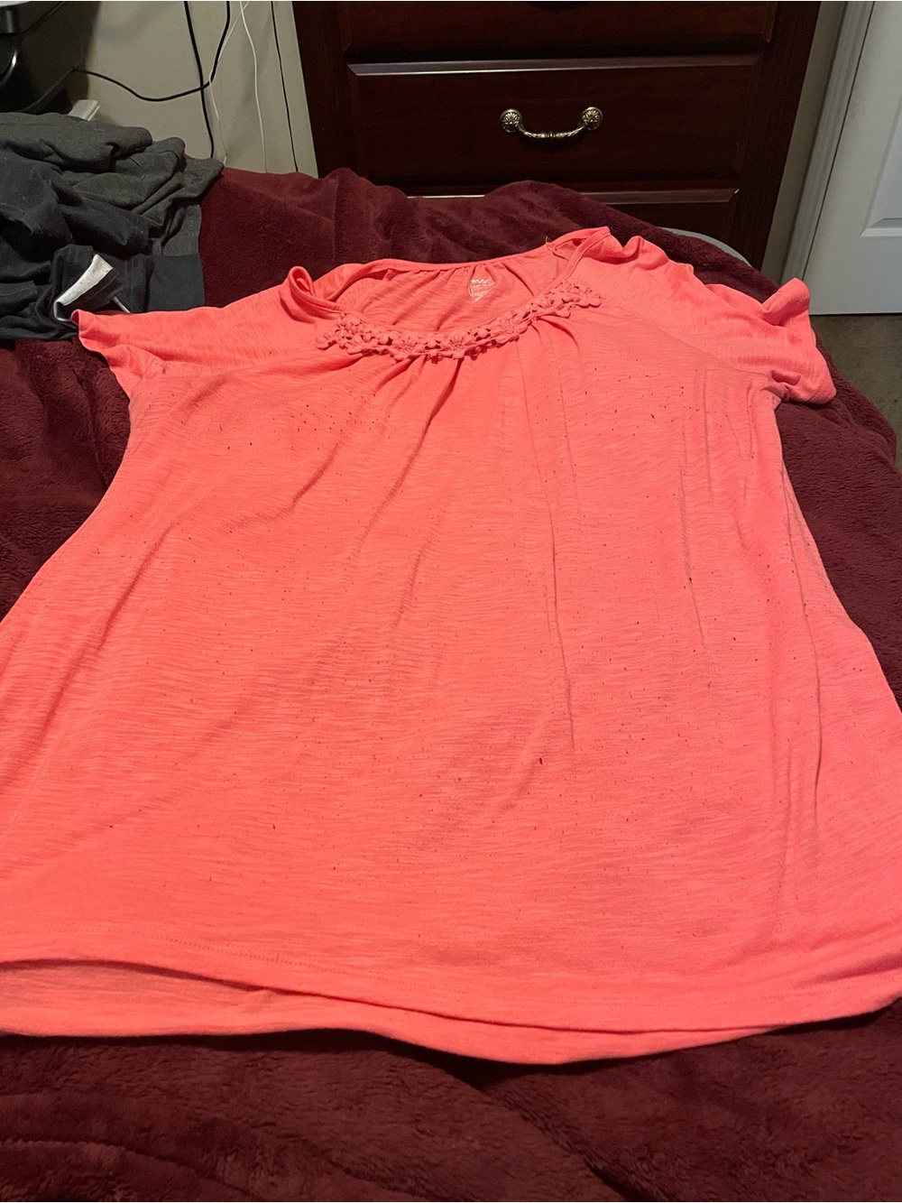 Just My Size Coral Pink Short Sleeve Knit Top with Gathered Neck